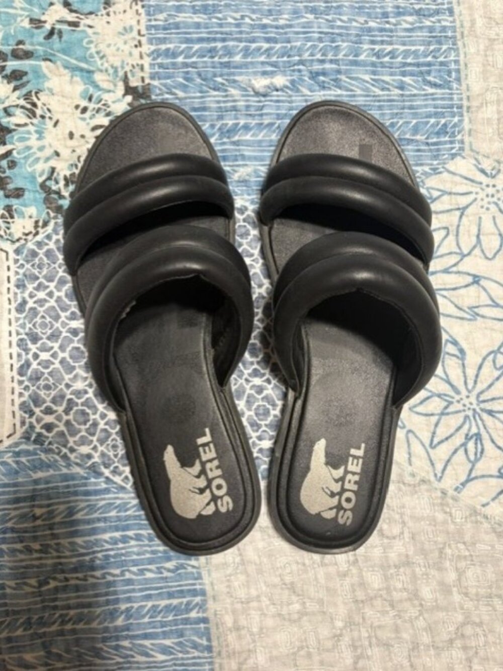 Sorel Roaming Crisscross Slide Sandals Black Puffer Strap Comfort Slides